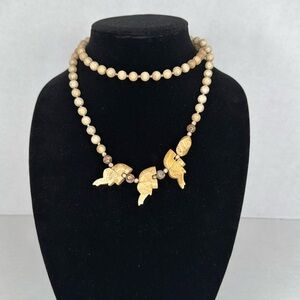 Vintage Estate Stone & Bead Long Necklace Elephant Cream Lot A46